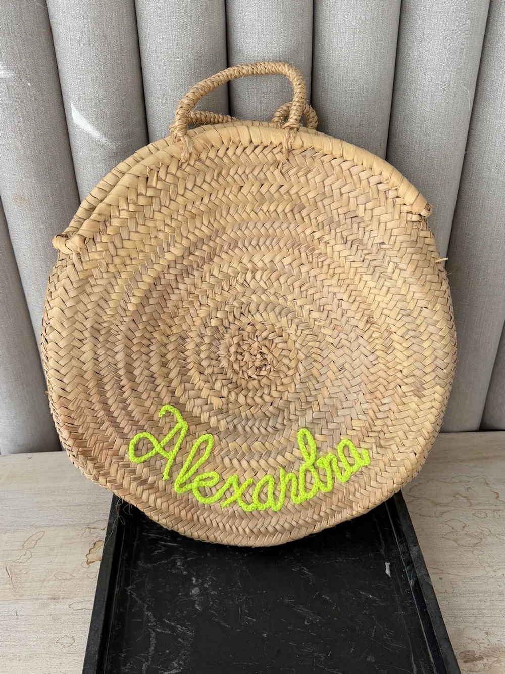 Round Straw Tote with Neon Green Script - Personalized Beach Tote